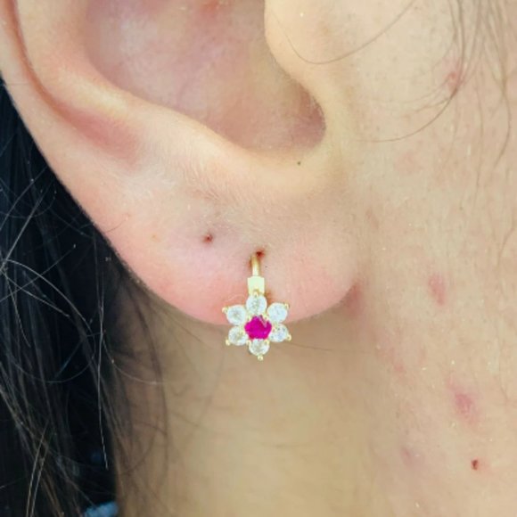 14K Yellow Gold Flowers Huggies Hoop Earrings Birthstones 11x13mm for Baby Girls - Picture 9 of 16